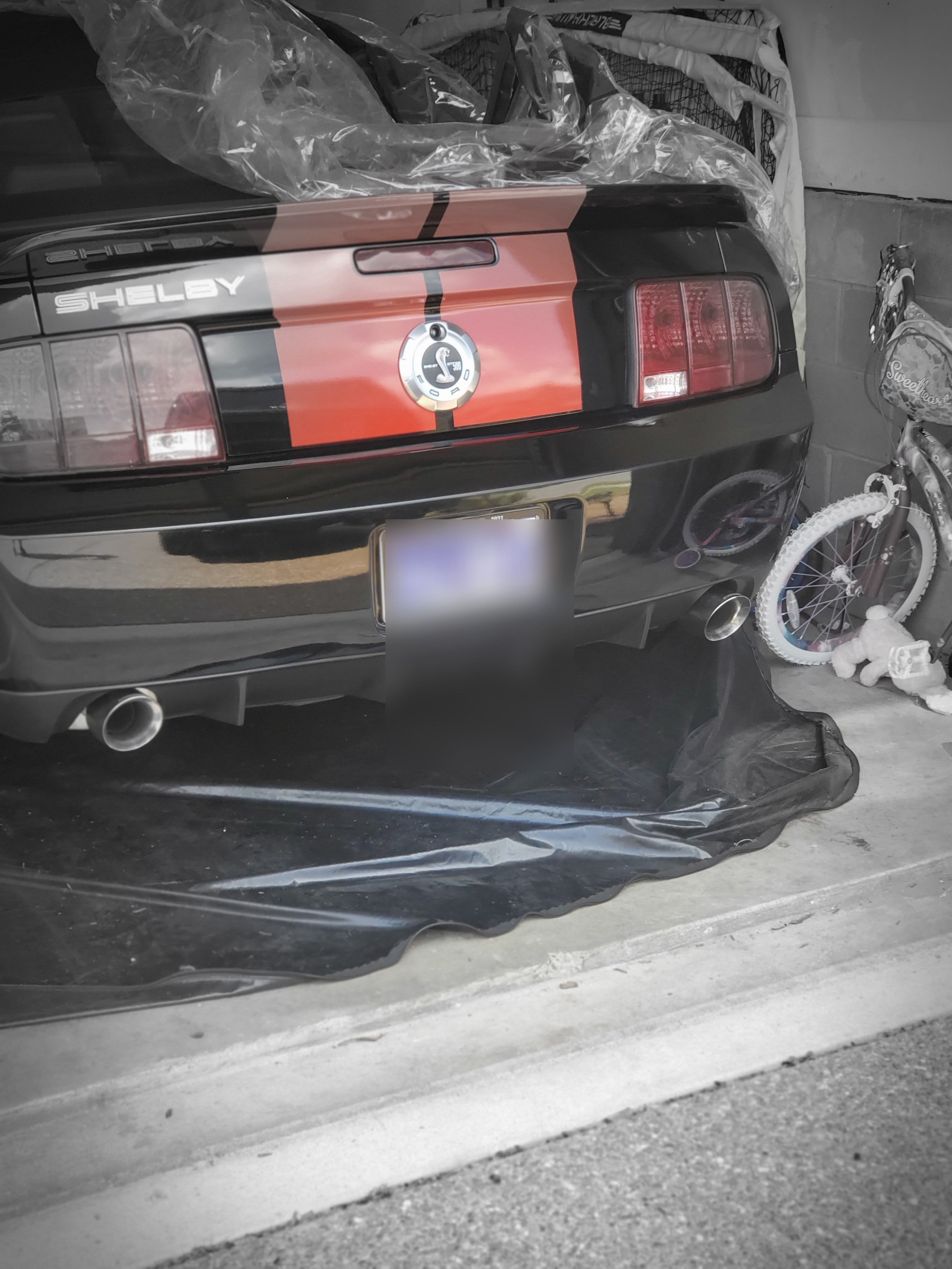 Rear view with stock exhaust tips — selective color highlighting the red stripe